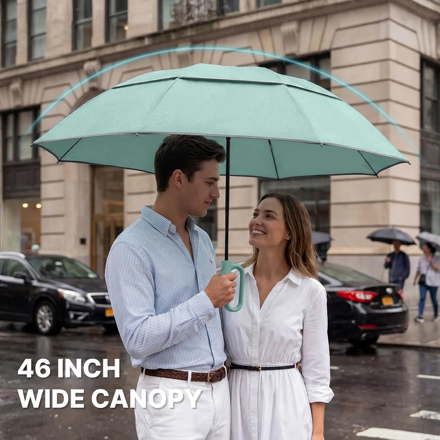 46inch Ring Buckle Umbrella, Inverted Design with Carabiner Handle | Compact Travel Umbrella with Reflective Strip, Automatic Windproof for Rain