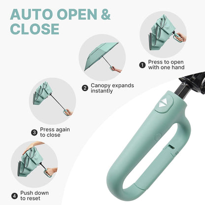 46inch Ring Buckle Umbrella, Inverted Design with Carabiner Handle | Compact Travel Umbrella with Reflective Strip, Automatic Windproof for Rain