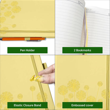 Notebook Journal for Women,A5 Hardcover Leather Journaling Notebooks for Work,200 Pages Travel Journal for Women Men with Pen Holder and Ribbon,5.78"×8.34"(Yellow)