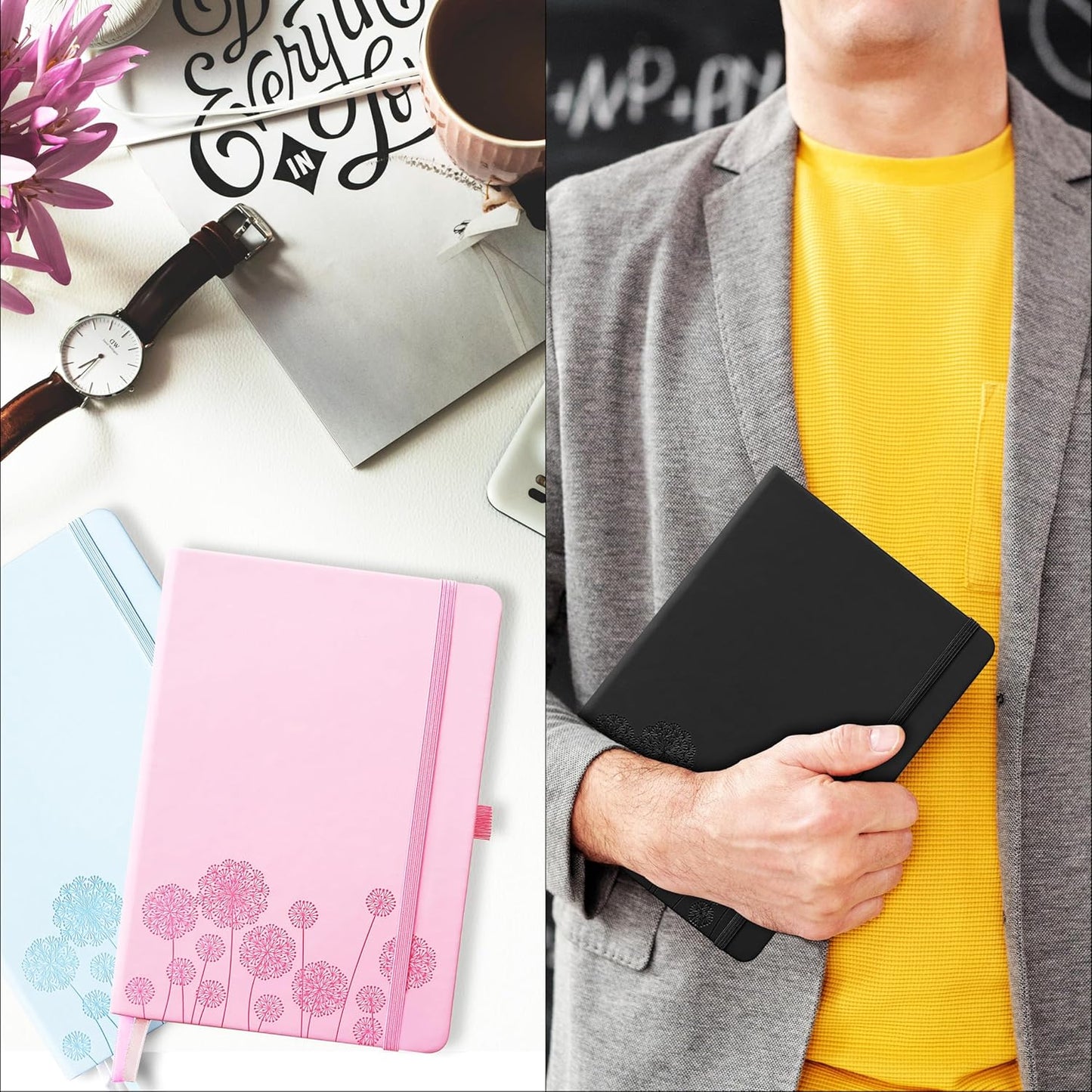 Notebook Journal for Women,A5 Hardcover Leather Journaling Notebooks for Work,200 Pages Travel Journal for Women Men with Pen Holder and Ribbon,5.78"×8.34"(Yellow)
