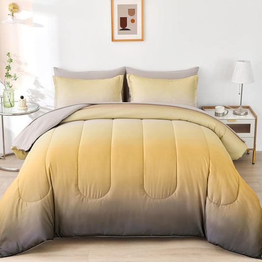 Gradient Yellow Comforter Set King Size 7 Pieces Ombre Yellow and Grey Bed in a Bag Complete Bedding Set - Breathable Solid Grey Bed Sets w/Flat/Fitted Sheet, 2 Pillowcases, 2 Pillow Shams