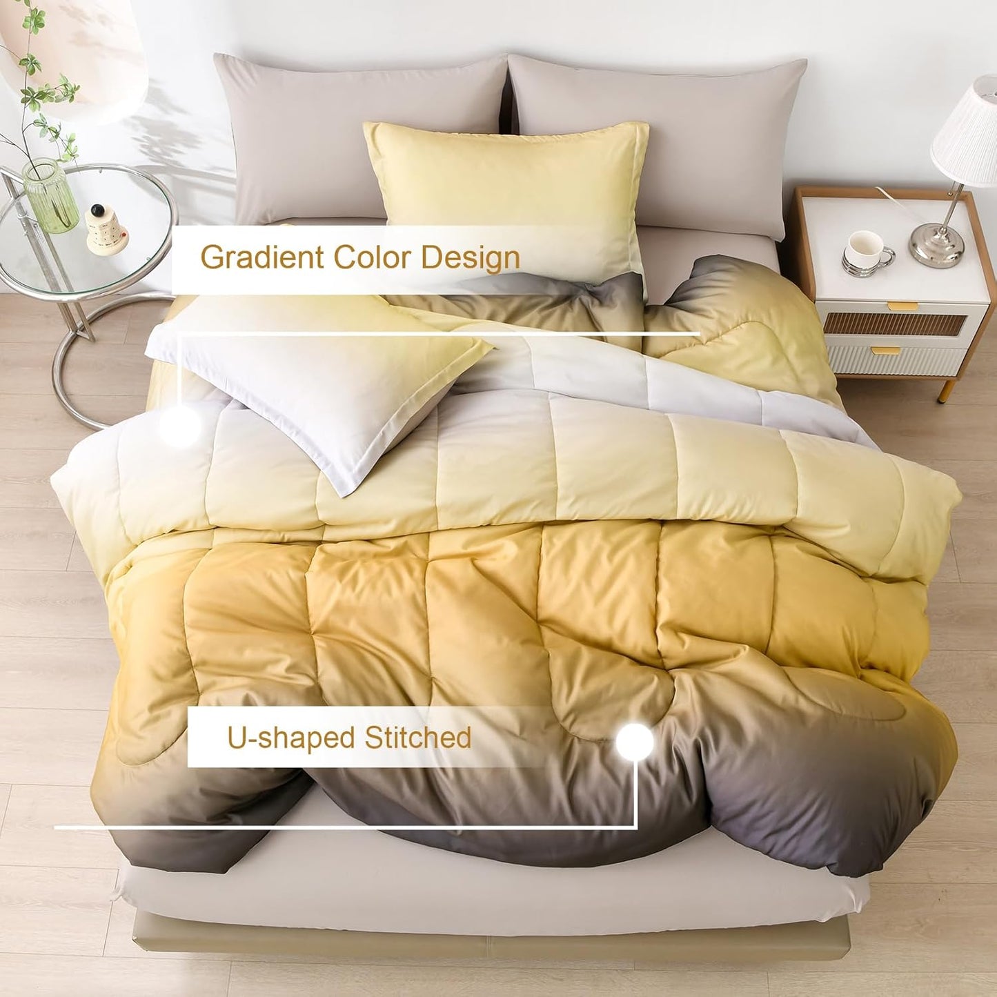 Gradient Yellow Comforter Set King Size 7 Pieces Ombre Yellow and Grey Bed in a Bag Complete Bedding Set - Breathable Solid Grey Bed Sets w/Flat/Fitted Sheet, 2 Pillowcases, 2 Pillow Shams