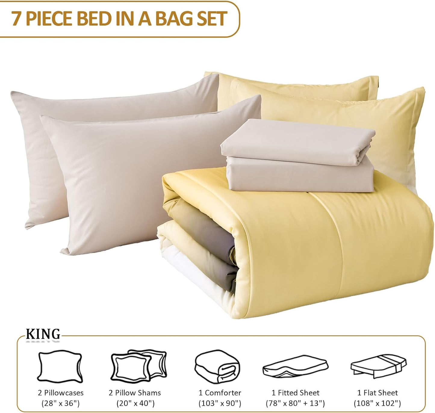 Gradient Yellow Comforter Set King Size 7 Pieces Ombre Yellow and Grey Bed in a Bag Complete Bedding Set - Breathable Solid Grey Bed Sets w/Flat/Fitted Sheet, 2 Pillowcases, 2 Pillow Shams