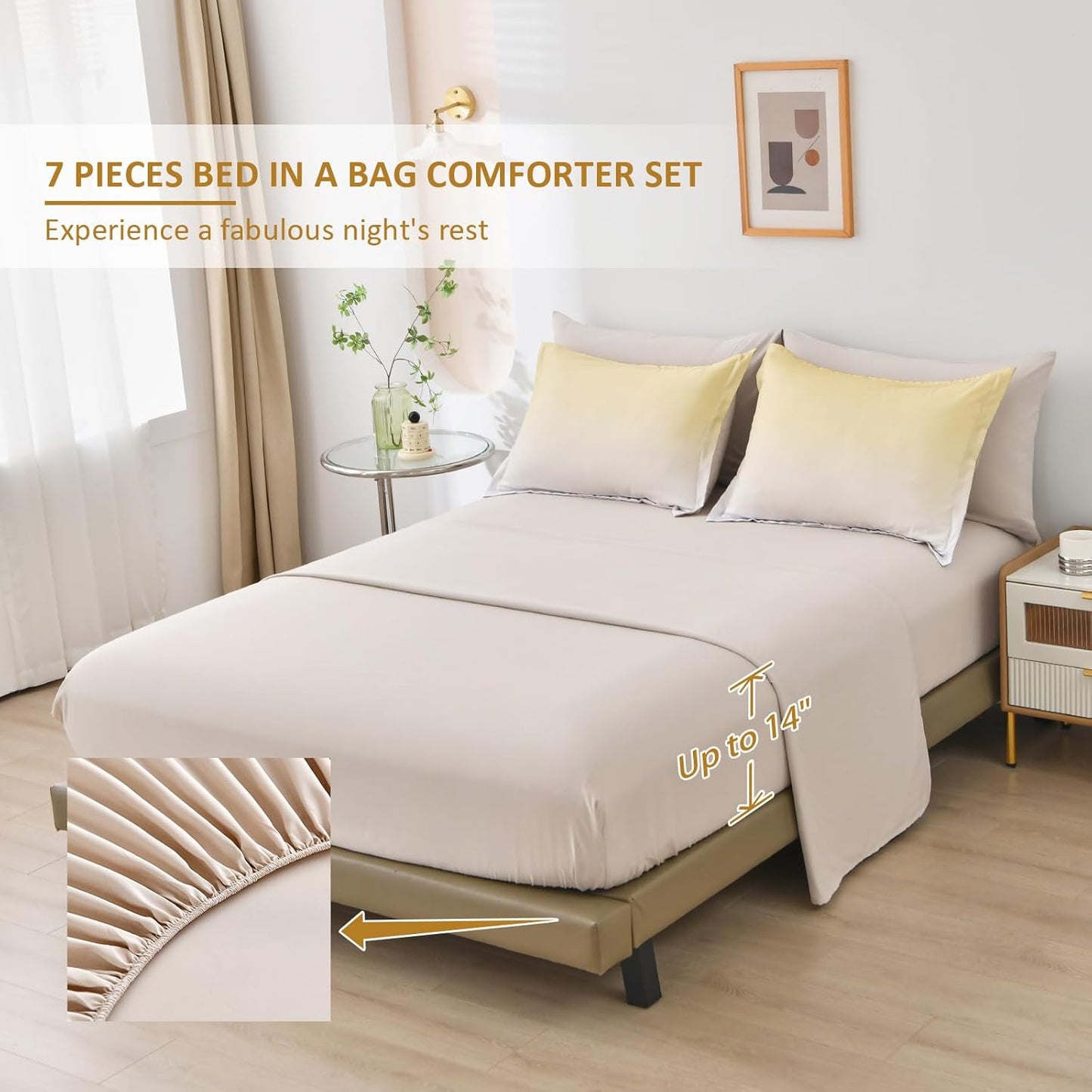 Gradient Yellow Comforter Set King Size 7 Pieces Ombre Yellow and Grey Bed in a Bag Complete Bedding Set - Breathable Solid Grey Bed Sets w/Flat/Fitted Sheet, 2 Pillowcases, 2 Pillow Shams