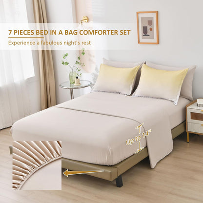 Gradient Yellow Comforter Set King Size 7 Pieces Ombre Yellow and Grey Bed in a Bag Complete Bedding Set - Breathable Solid Grey Bed Sets w/Flat/Fitted Sheet, 2 Pillowcases, 2 Pillow Shams