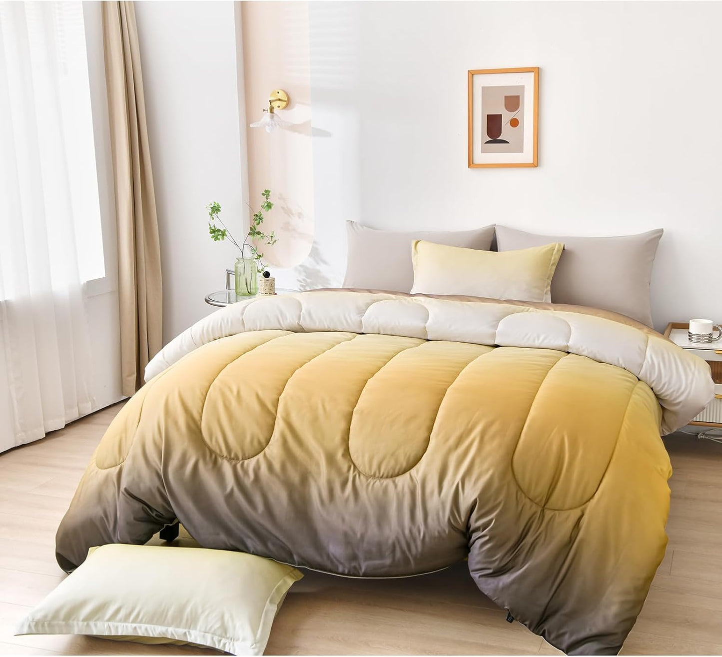Gradient Yellow Comforter Set King Size 7 Pieces Ombre Yellow and Grey Bed in a Bag Complete Bedding Set - Breathable Solid Grey Bed Sets w/Flat/Fitted Sheet, 2 Pillowcases, 2 Pillow Shams