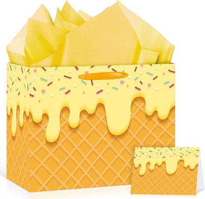Ice Cream Gift Bag with Tissue Paper and Greeting Card Ice Cream Gift Wrapping Paper Goodie Bags for Summer Birthday Baby Shower, Sweet One Party Favors Birthday Party Supplies (Light Yellow)