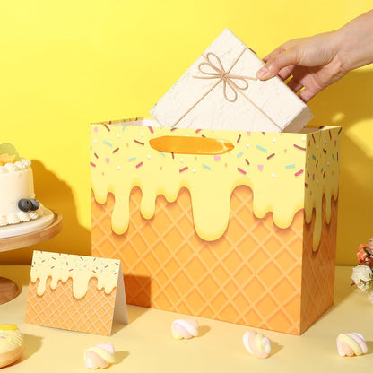 Ice Cream Gift Bag with Tissue Paper and Greeting Card Ice Cream Gift Wrapping Paper Goodie Bags for Summer Birthday Baby Shower, Sweet One Party Favors Birthday Party Supplies (Light Yellow)