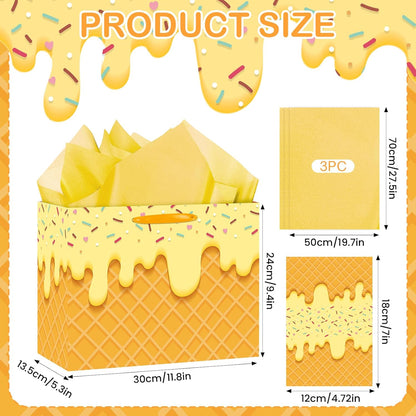 Ice Cream Gift Bag with Tissue Paper and Greeting Card Ice Cream Gift Wrapping Paper Goodie Bags for Summer Birthday Baby Shower, Sweet One Party Favors Birthday Party Supplies (Light Yellow)