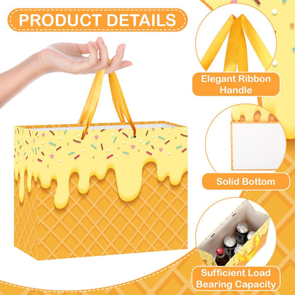 Ice Cream Gift Bag with Tissue Paper and Greeting Card Ice Cream Gift Wrapping Paper Goodie Bags for Summer Birthday Baby Shower, Sweet One Party Favors Birthday Party Supplies (Light Yellow)