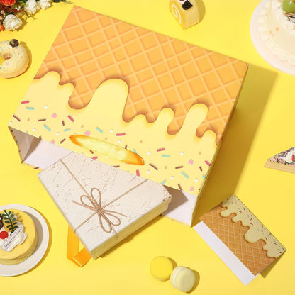 Ice Cream Gift Bag with Tissue Paper and Greeting Card Ice Cream Gift Wrapping Paper Goodie Bags for Summer Birthday Baby Shower, Sweet One Party Favors Birthday Party Supplies (Light Yellow)