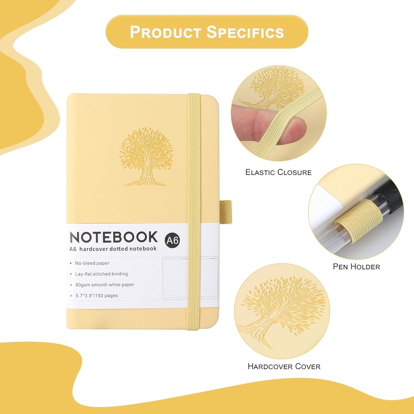 A6 Journal Notebook with PU Leather Cover and 192 Pages 14.5cm×9.5cm Premium Paper Diary,for Take Note,Office and Travel（light yellow）