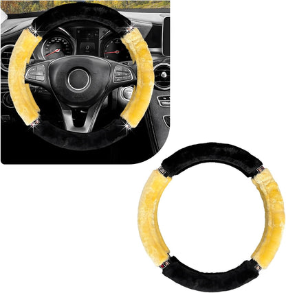 Diamond Fluffy Steering Wheel Cover, 15 Inch Bling Crystal Rhinestones Steering Wheel Protector, Winter Warm Universal Steering Wheel Pad for Women Girls, Car Accessories (Yellow)
