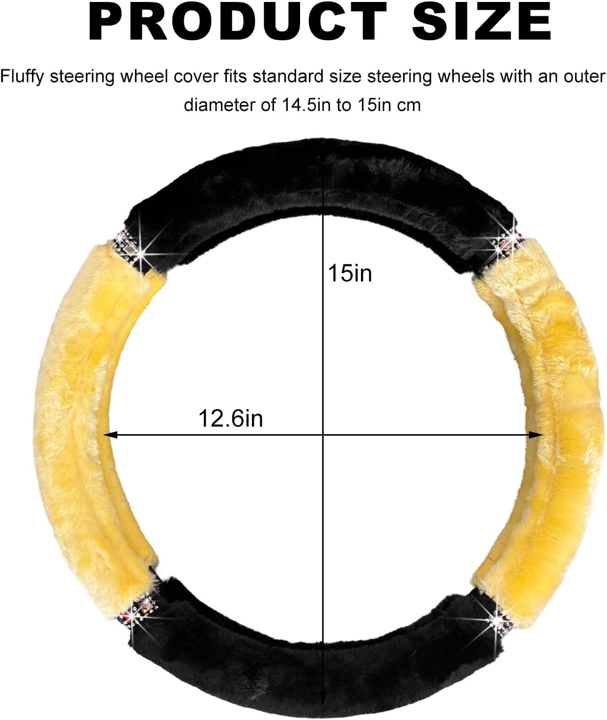 Diamond Fluffy Steering Wheel Cover, 15 Inch Bling Crystal Rhinestones Steering Wheel Protector, Winter Warm Universal Steering Wheel Pad for Women Girls, Car Accessories (Yellow)