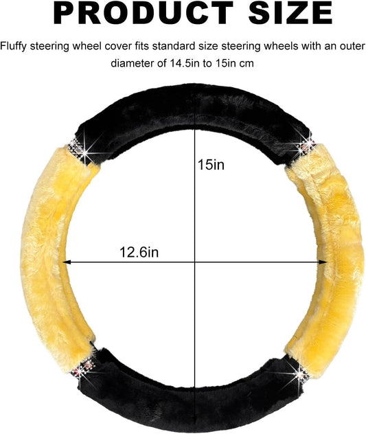 Diamond Fluffy Steering Wheel Cover, 15 Inch Bling Crystal Rhinestones Steering Wheel Protector, Winter Warm Universal Steering Wheel Pad for Women Girls, Car Accessories (Yellow)