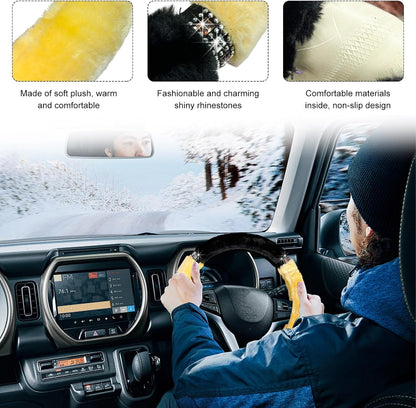 Diamond Fluffy Steering Wheel Cover, 15 Inch Bling Crystal Rhinestones Steering Wheel Protector, Winter Warm Universal Steering Wheel Pad for Women Girls, Car Accessories (Yellow)