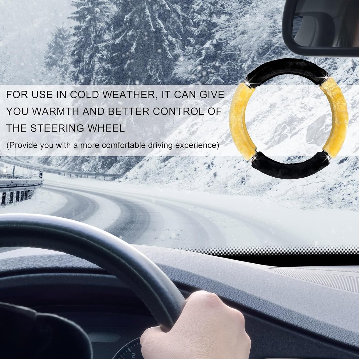 Diamond Fluffy Steering Wheel Cover, 15 Inch Bling Crystal Rhinestones Steering Wheel Protector, Winter Warm Universal Steering Wheel Pad for Women Girls, Car Accessories (Yellow)