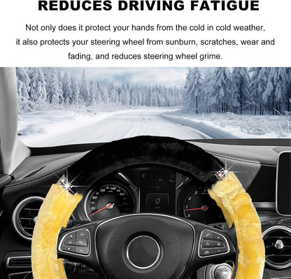 Diamond Fluffy Steering Wheel Cover, 15 Inch Bling Crystal Rhinestones Steering Wheel Protector, Winter Warm Universal Steering Wheel Pad for Women Girls, Car Accessories (Yellow)