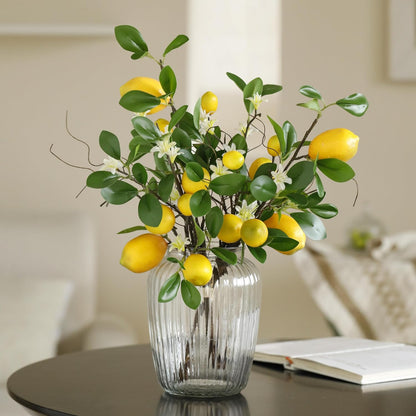 Artificial Lemons Branches, 8 Head Faux Lemons with Stem Fake Lemon Themed for Kitchen Decoration Party Farmhouse Decor (Yellow) | Fake Lemon Stems, Summer Home Kitchen Decor, Farmhouse Party Decorations