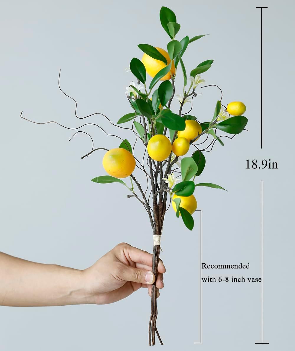Artificial Lemons Branches, 8 Head Faux Lemons with Stem Fake Lemon Themed for Kitchen Decoration Party Farmhouse Decor (Yellow) | Fake Lemon Stems, Summer Home Kitchen Decor, Farmhouse Party Decorations