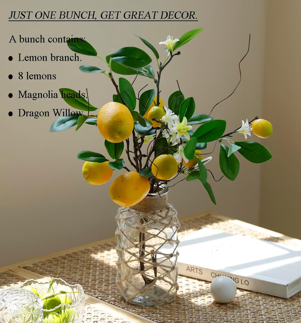 Artificial Lemons Branches, 8 Head Faux Lemons with Stem Fake Lemon Themed for Kitchen Decoration Party Farmhouse Decor (Yellow) | Fake Lemon Stems, Summer Home Kitchen Decor, Farmhouse Party Decorations