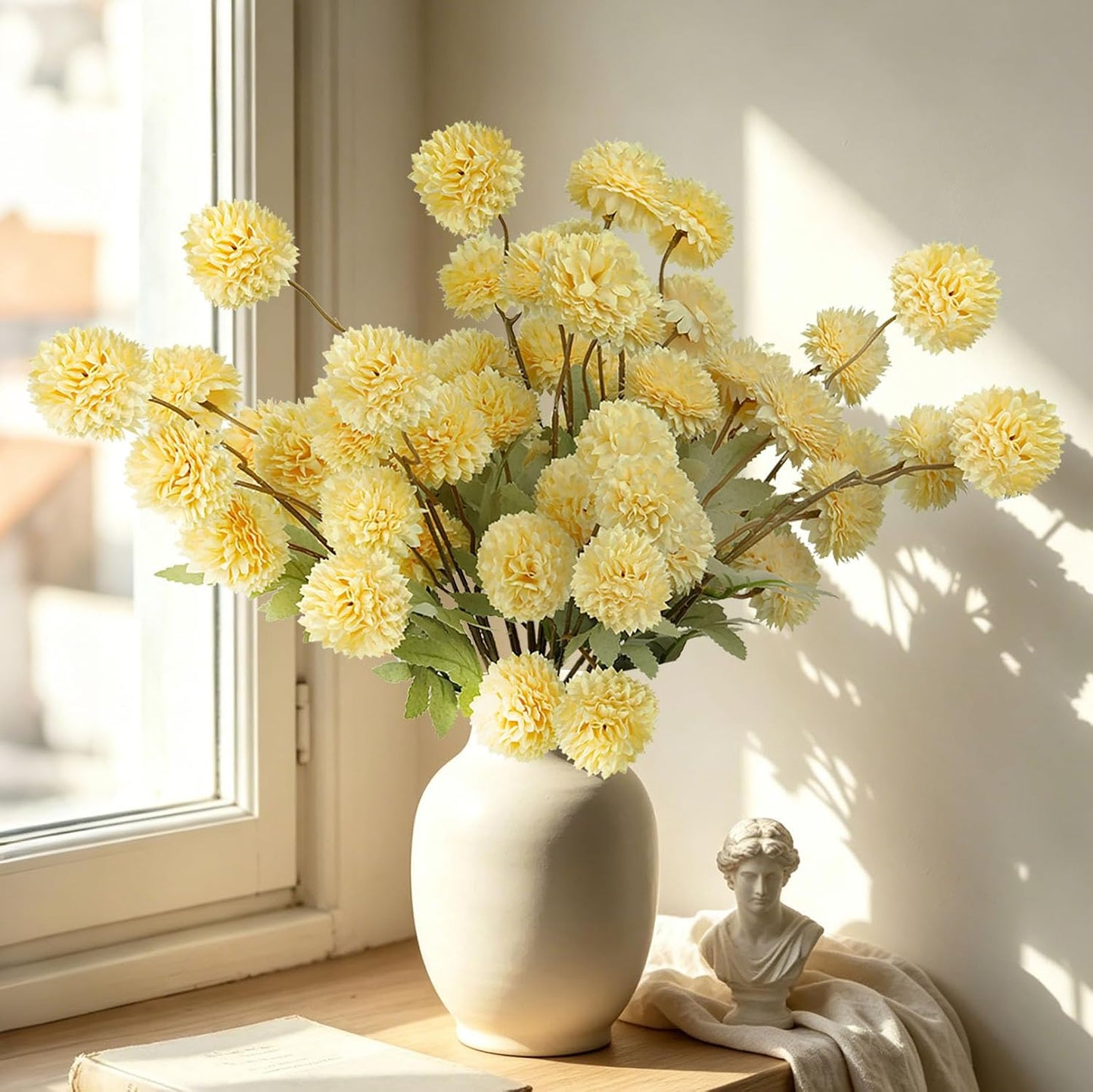 INQCMY Artificial Silk Mums 20" Faux Stem Kiku Flowers for Vase Home Decor | 12 Pcs Fake Chrysanthemums Yellow Fall Flower, Realistic Pompon Balls for Indoor Living Room Thanksgiving Table Centerpieces