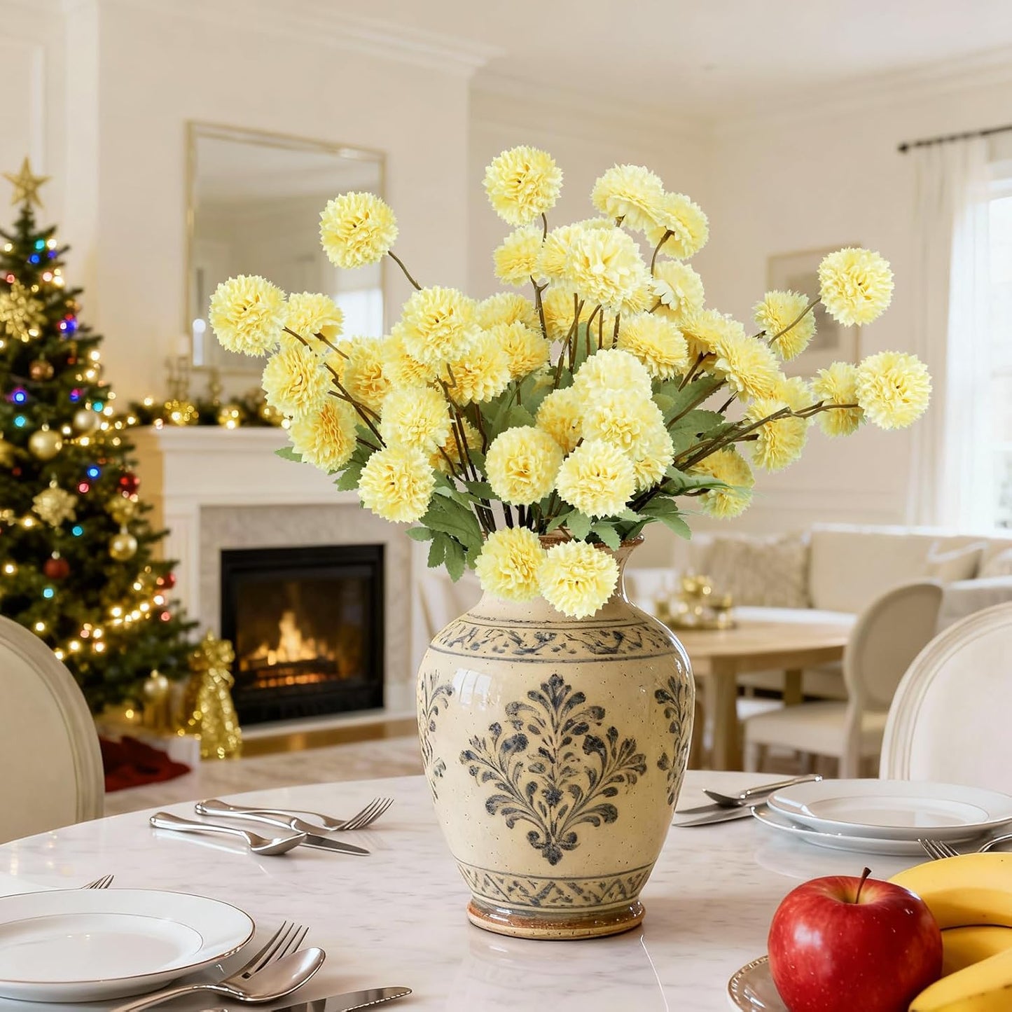 INQCMY Artificial Silk Mums 20" Faux Stem Kiku Flowers for Vase Home Decor | 12 Pcs Fake Chrysanthemums Yellow Fall Flower, Realistic Pompon Balls for Indoor Living Room Thanksgiving Table Centerpieces
