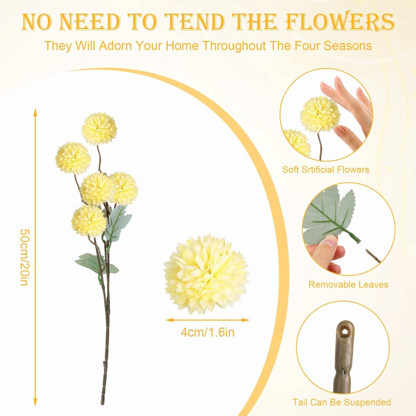 INQCMY Artificial Silk Mums 20" Faux Stem Kiku Flowers for Vase Home Decor | 12 Pcs Fake Chrysanthemums Yellow Fall Flower, Realistic Pompon Balls for Indoor Living Room Thanksgiving Table Centerpieces
