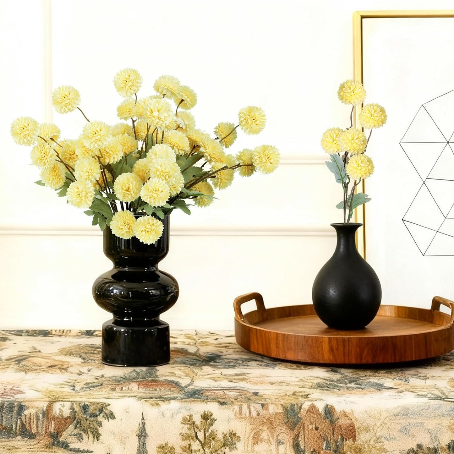 INQCMY Artificial Silk Mums 20" Faux Stem Kiku Flowers for Vase Home Decor | 12 Pcs Fake Chrysanthemums Yellow Fall Flower, Realistic Pompon Balls for Indoor Living Room Thanksgiving Table Centerpieces