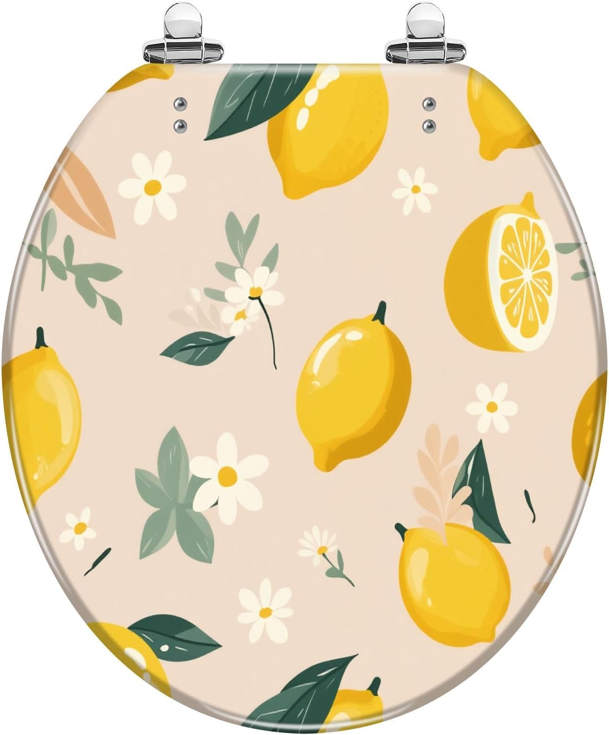 Orange Boho Summer Lemons Round Toilet Seat with Decorative Printed Lid | Orange Boho theme accent; hinge hardware included; easy-clean surface.