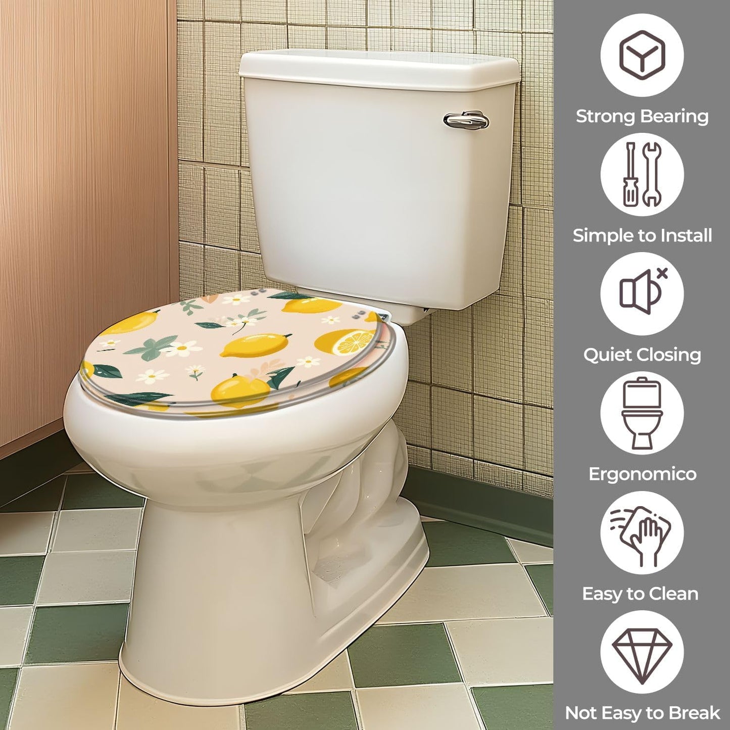 Orange Boho Summer Lemons Round Toilet Seat with Decorative Printed Lid | Orange Boho theme accent; hinge hardware included; easy-clean surface.