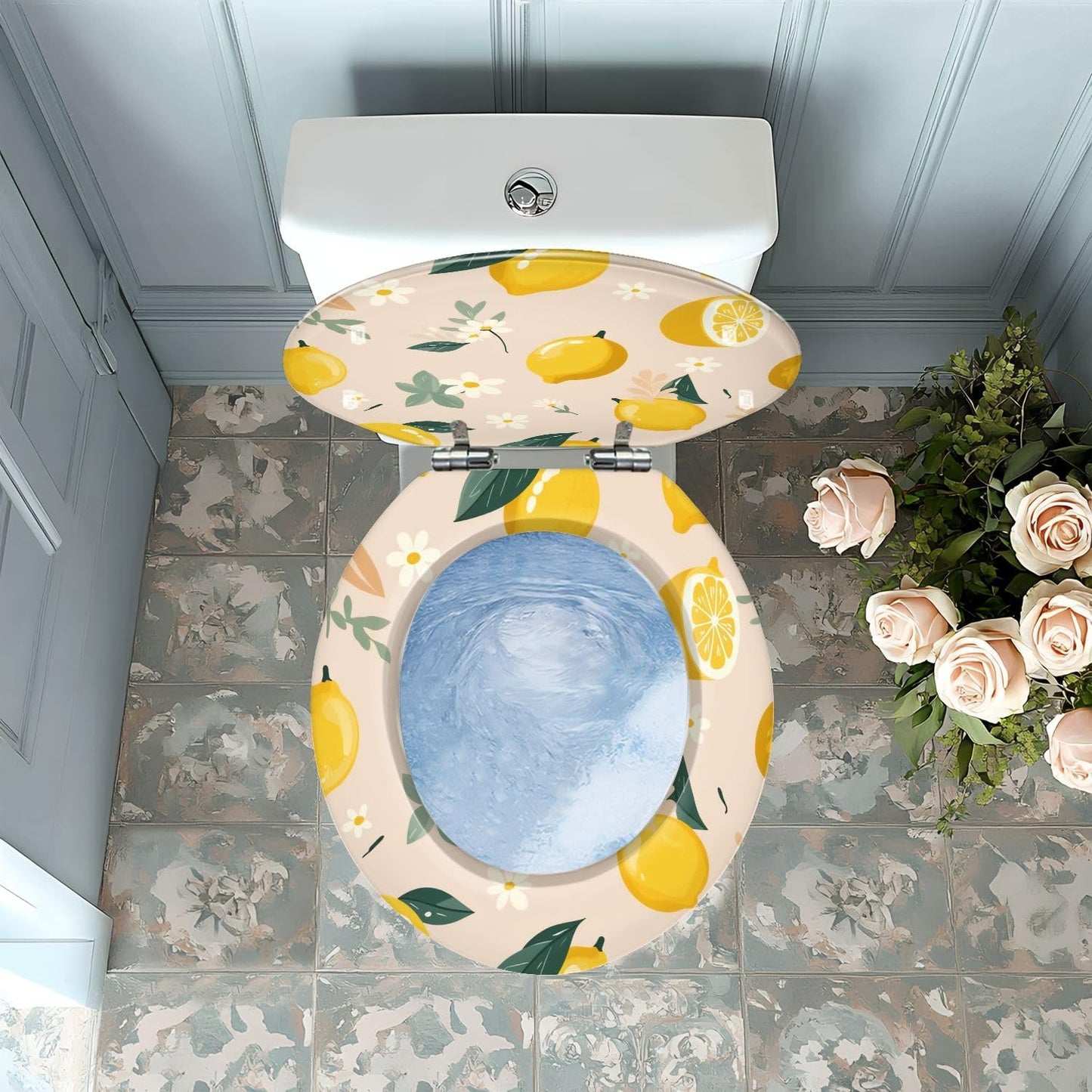 Orange Boho Summer Lemons Round Toilet Seat with Decorative Printed Lid | Orange Boho theme accent; hinge hardware included; easy-clean surface.