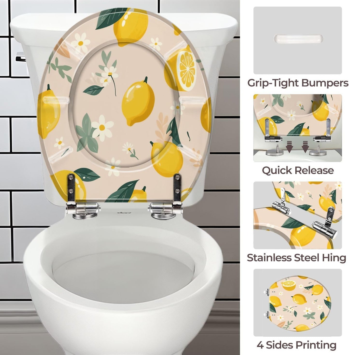 Orange Boho Summer Lemons Round Toilet Seat with Decorative Printed Lid | Orange Boho theme accent; hinge hardware included; easy-clean surface.