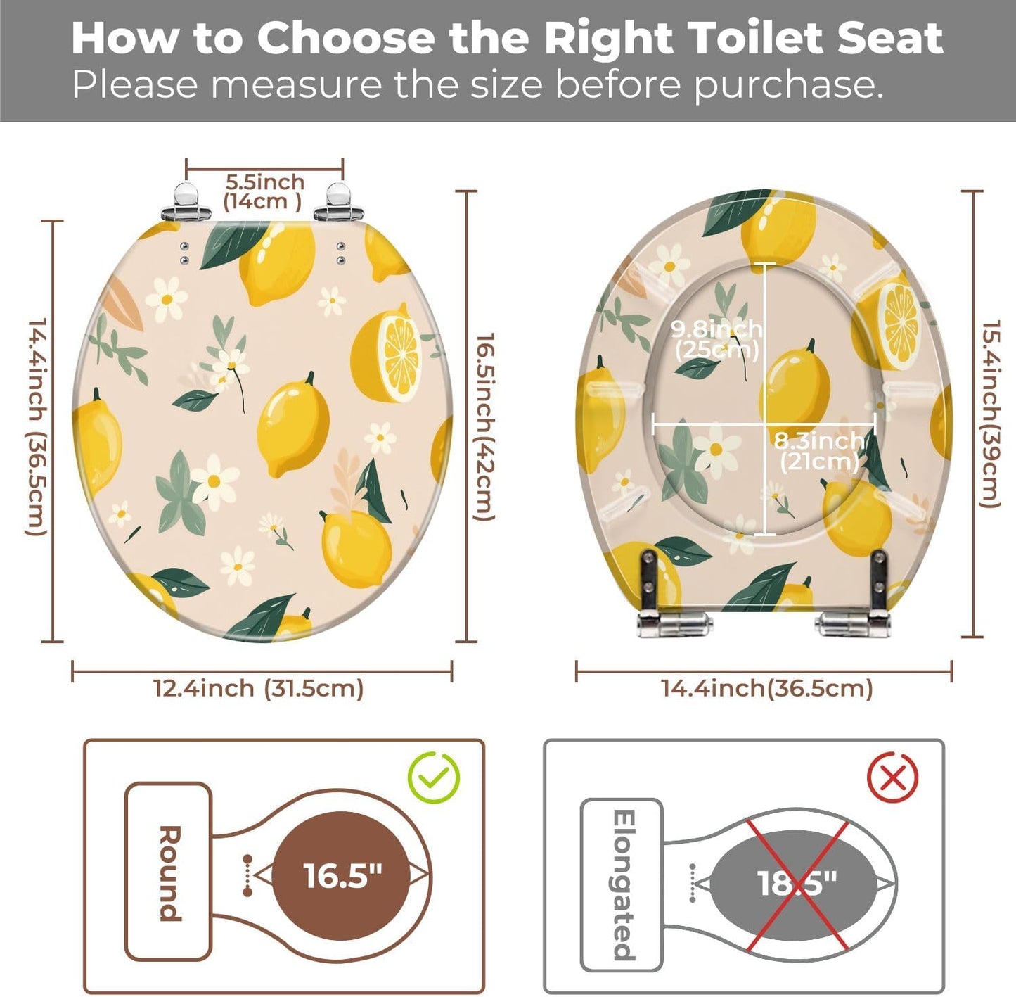 Orange Boho Summer Lemons Round Toilet Seat with Decorative Printed Lid | Orange Boho theme accent; hinge hardware included; easy-clean surface.