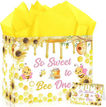 Honey Bee One 1st Birthday Gift Bag for Boys Girls Pink Yellow So Sweet To Bee One Gift Bag Bumble Bee First Birthday Gift Wrapping Paper with Tissue Paper and Greeting Card for First Bee Day Party Supplies