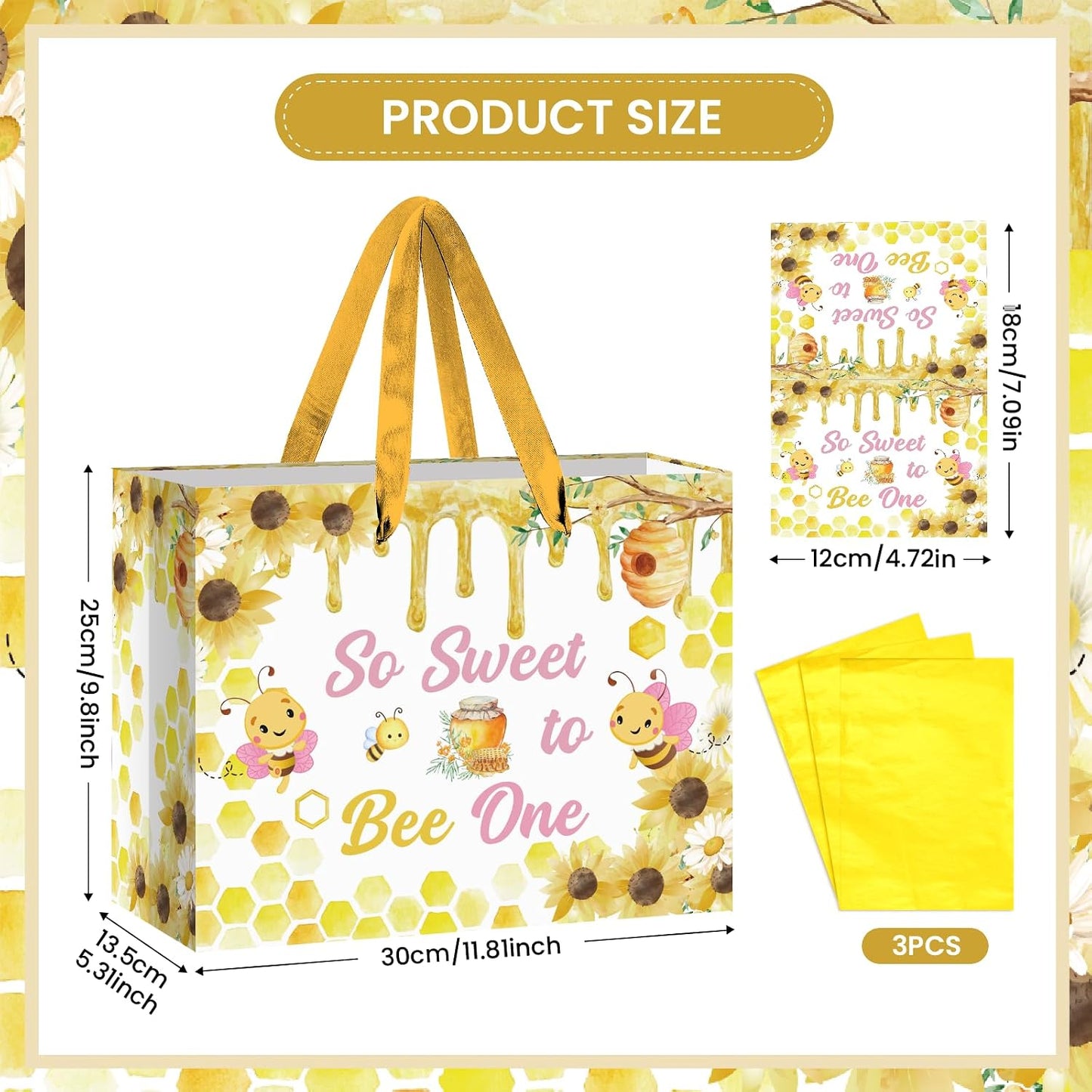 Honey Bee One 1st Birthday Gift Bag for Boys Girls Pink Yellow So Sweet To Bee One Gift Bag Bumble Bee First Birthday Gift Wrapping Paper with Tissue Paper and Greeting Card for First Bee Day Party Supplies