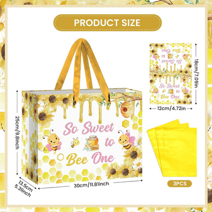 Honey Bee One 1st Birthday Gift Bag for Boys Girls Pink Yellow So Sweet To Bee One Gift Bag Bumble Bee First Birthday Gift Wrapping Paper with Tissue Paper and Greeting Card for First Bee Day Party Supplies