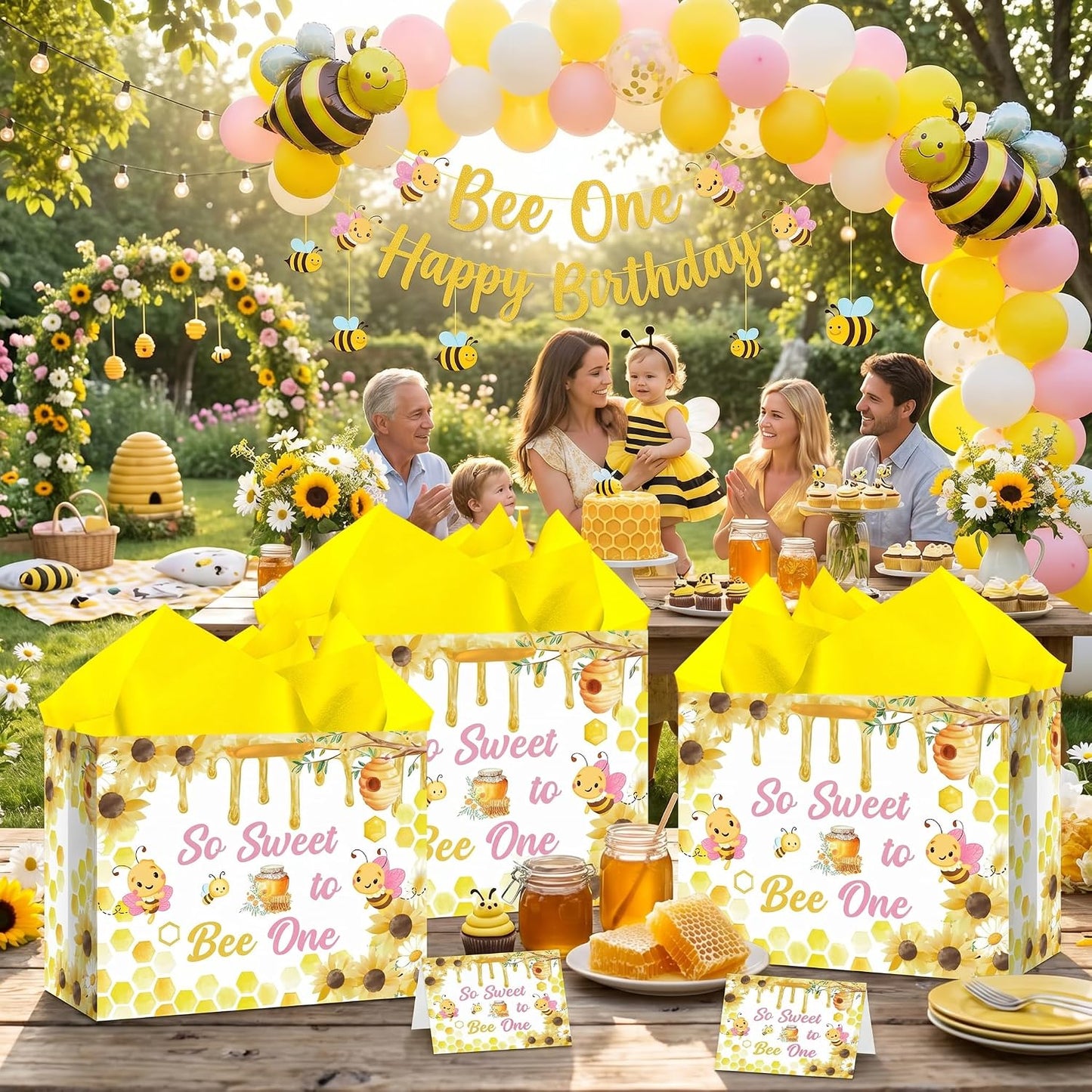Honey Bee One 1st Birthday Gift Bag for Boys Girls Pink Yellow So Sweet To Bee One Gift Bag Bumble Bee First Birthday Gift Wrapping Paper with Tissue Paper and Greeting Card for First Bee Day Party Supplies