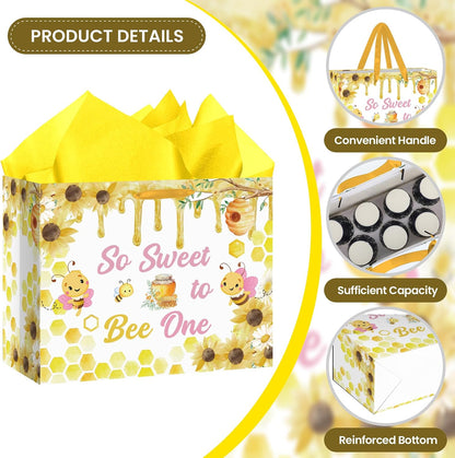 Honey Bee One 1st Birthday Gift Bag for Boys Girls Pink Yellow So Sweet To Bee One Gift Bag Bumble Bee First Birthday Gift Wrapping Paper with Tissue Paper and Greeting Card for First Bee Day Party Supplies