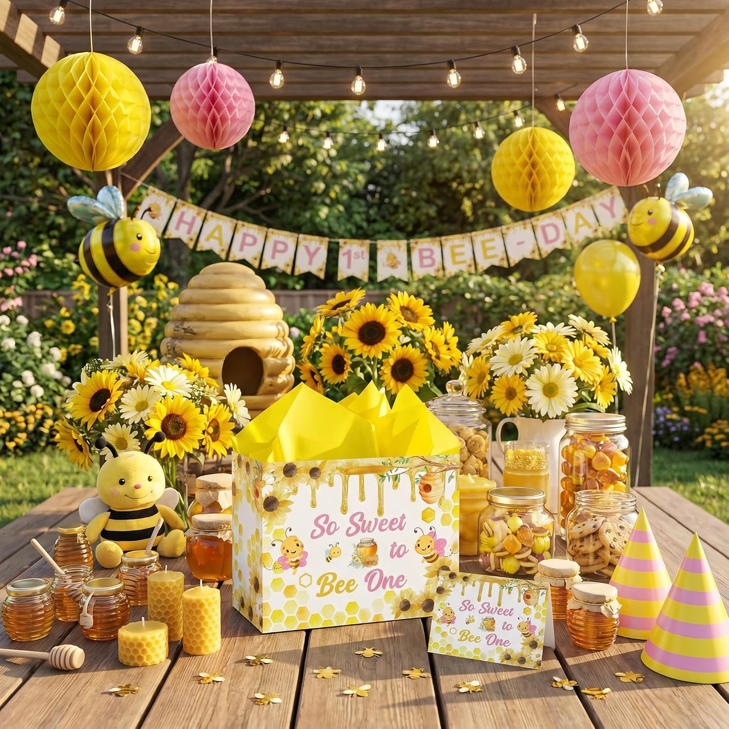 Honey Bee One 1st Birthday Gift Bag for Boys Girls Pink Yellow So Sweet To Bee One Gift Bag Bumble Bee First Birthday Gift Wrapping Paper with Tissue Paper and Greeting Card for First Bee Day Party Supplies