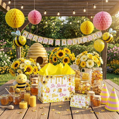 Honey Bee One 1st Birthday Gift Bag for Boys Girls Pink Yellow So Sweet To Bee One Gift Bag Bumble Bee First Birthday Gift Wrapping Paper with Tissue Paper and Greeting Card for First Bee Day Party Supplies