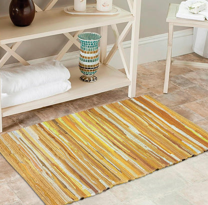 Chindi Woven Rug 2x3 Feet - Yellow | Cotton Throw Rugs for Kitchen, Entryway, Easy Care Mustard Small Door Mat