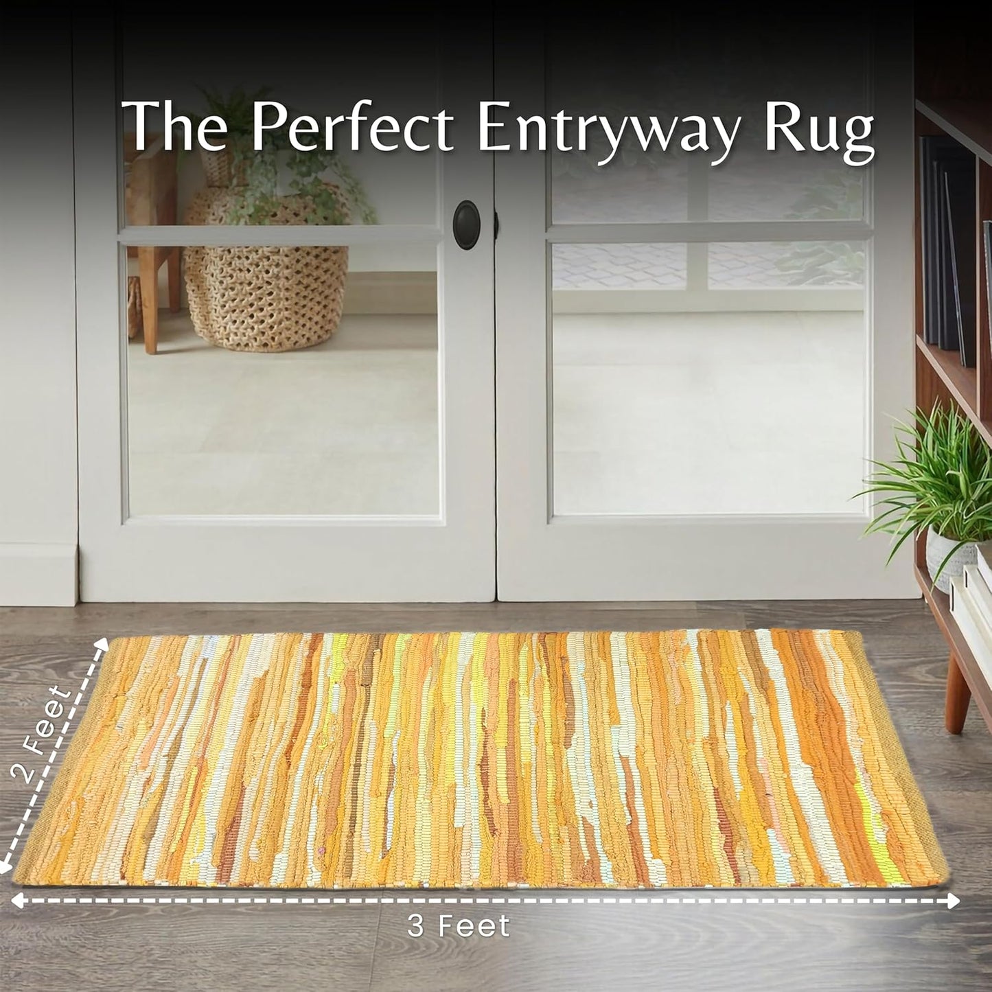 Chindi Woven Rug 2x3 Feet - Yellow | Cotton Throw Rugs for Kitchen, Entryway, Easy Care Mustard Small Door Mat