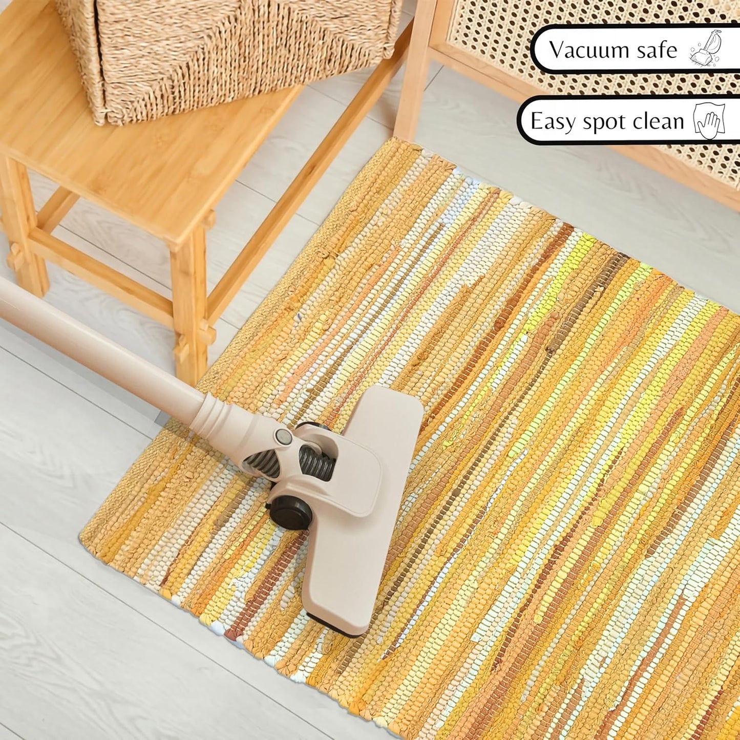 Chindi Woven Rug 2x3 Feet - Yellow | Cotton Throw Rugs for Kitchen, Entryway, Easy Care Mustard Small Door Mat