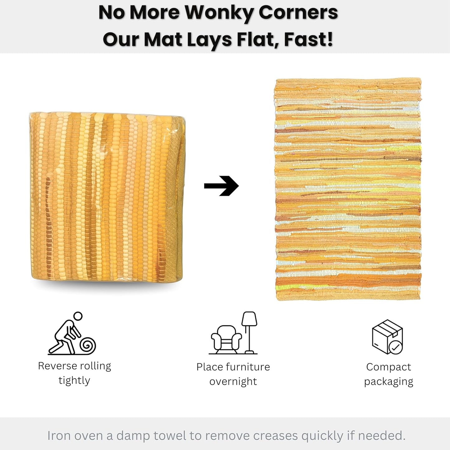 Chindi Woven Rug 2x3 Feet - Yellow | Cotton Throw Rugs for Kitchen, Entryway, Easy Care Mustard Small Door Mat