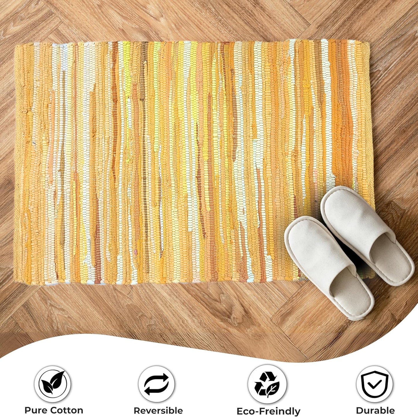 Chindi Woven Rug 2x3 Feet - Yellow | Cotton Throw Rugs for Kitchen, Entryway, Easy Care Mustard Small Door Mat