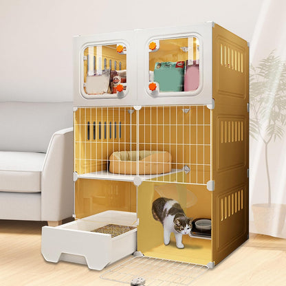 3 Tier Cat Cages Indoor with Litter Box, Bed, Scratchers, Bowl, Stairs, Cat Crate Indoor Catio, DIY Plastic Wire Cats Kennel Hammock, Indoor Pet House, Cats Litter Box for Cats Villa-Yellow