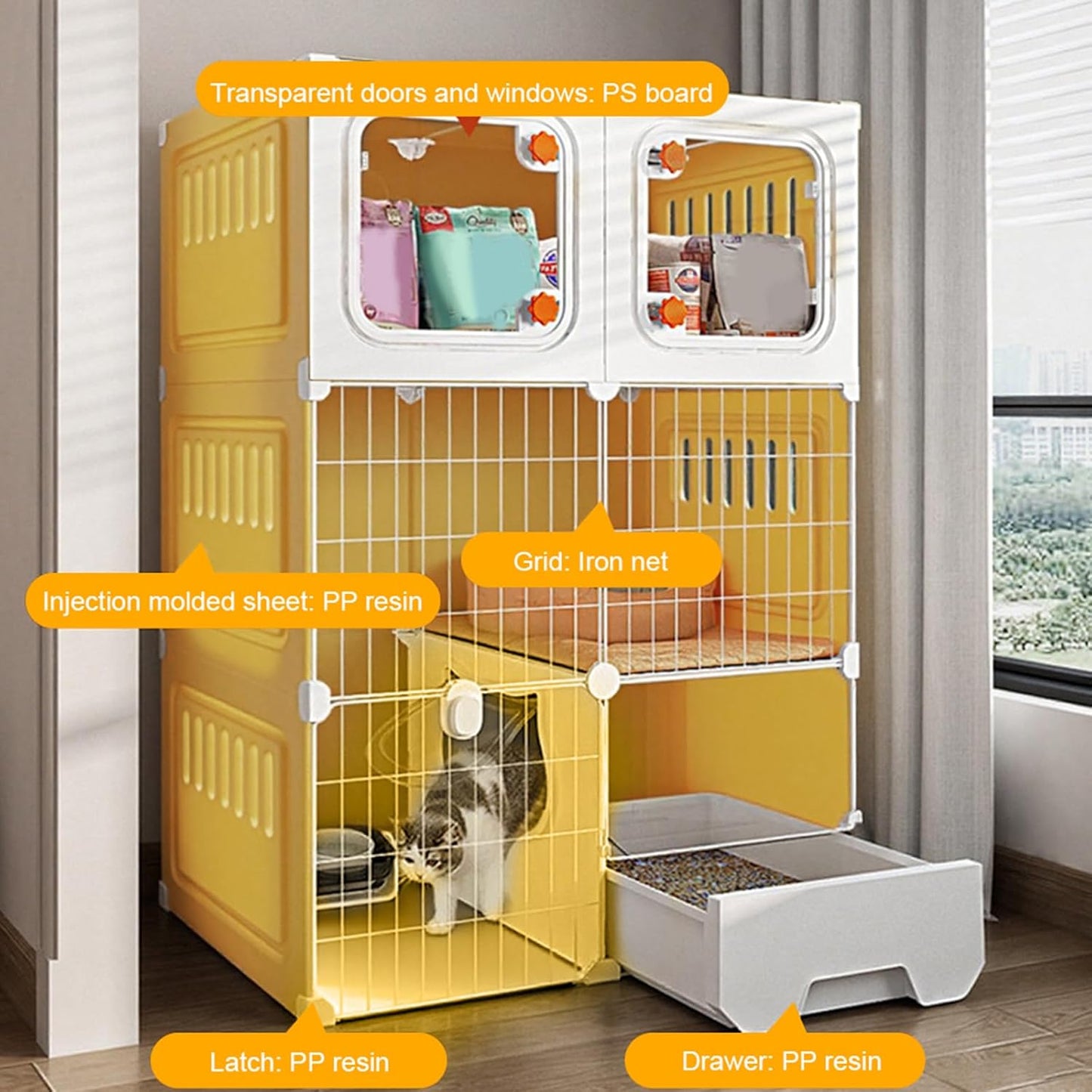3 Tier Cat Cages Indoor with Litter Box, Bed, Scratchers, Bowl, Stairs, Cat Crate Indoor Catio, DIY Plastic Wire Cats Kennel Hammock, Indoor Pet House, Cats Litter Box for Cats Villa-Yellow