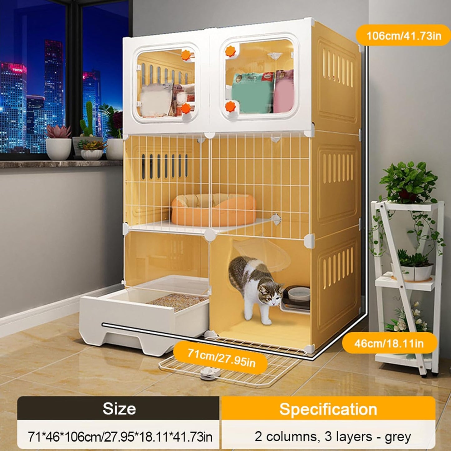 3 Tier Cat Cages Indoor with Litter Box, Bed, Scratchers, Bowl, Stairs, Cat Crate Indoor Catio, DIY Plastic Wire Cats Kennel Hammock, Indoor Pet House, Cats Litter Box for Cats Villa-Yellow