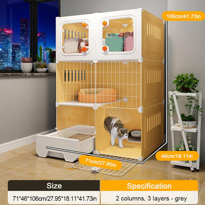 3 Tier Cat Cages Indoor with Litter Box, Bed, Scratchers, Bowl, Stairs, Cat Crate Indoor Catio, DIY Plastic Wire Cats Kennel Hammock, Indoor Pet House, Cats Litter Box for Cats Villa-Yellow